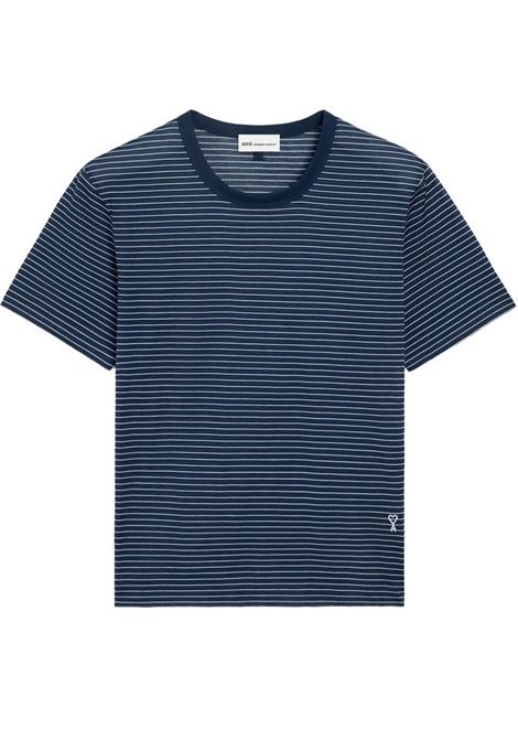 t-shirt striped mercerized uomo inchiostro e bianca AMI PARIS | HTS367.JE0212A044